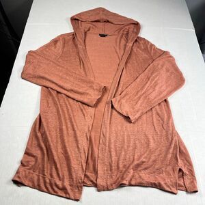 Tahari Linen Hooded Cardigan Orange Longline Open Front Coastal Boho Sweater M/L